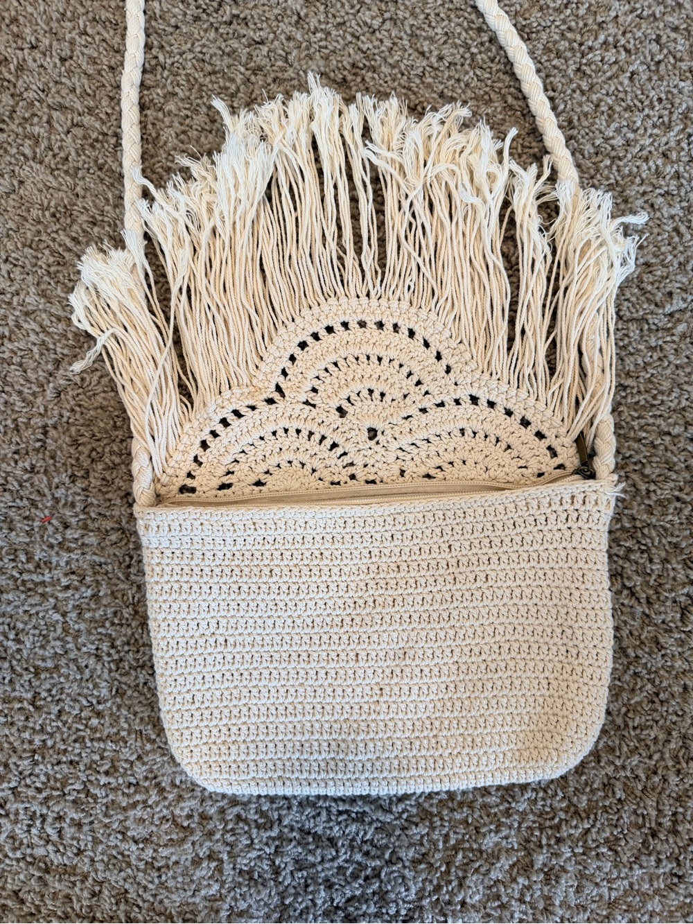 Beige Crochet Fringe Crossbody Bag - Picture 5 of 11